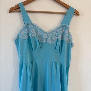 Vintage Blue Lace Trim Midi Nightgown Sleepwear Size Medium